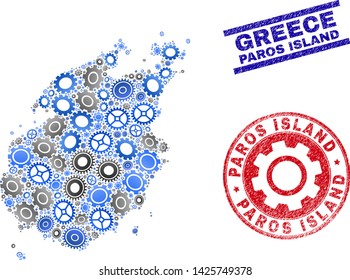 Cog vector Paros Island map mosaic and seals. Abstract Paros Island map is formed from gradient scattered gearwheels. Engineering territory scheme in gray and blue colors,