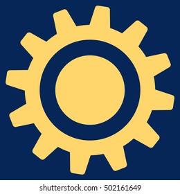 Cog vector pictogram. Style is flat graphic symbol, yellow color, blue background.