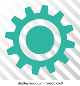 Cog vector pictograph. Illustration style is flat iconic cyan symbol on a hatched transparent background.