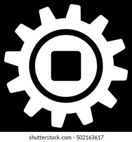 Cog vector pictograph. Style is flat graphic symbol, white color, black background.