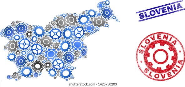 Cog vector Slovenia map mosaic and seals. Abstract Slovenia map is created of gradiented random gear wheels. Engineering territory plan in gray and blue colors,
