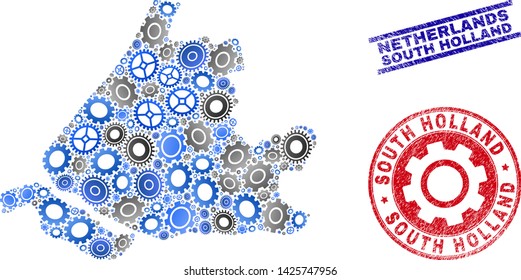 Cog vector South Holland map composition and seals. Abstract South Holland map is created of gradiented scattered cogs. Engineering territorial scheme in gray and blue colors,
