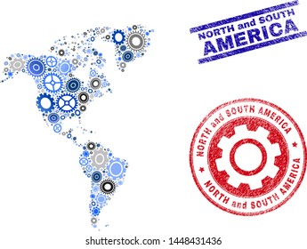 Cog vector South and North America map collage and seals. Abstract South and North America map is done with gradiented randomized cogs. Engineering territorial scheme in gray and blue colors,