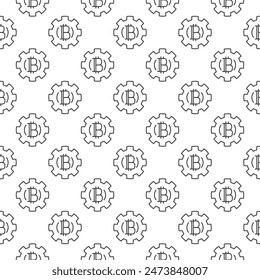 Cog wheel with Bitcoin vector Cryptocurrency concept outline seamless pattern