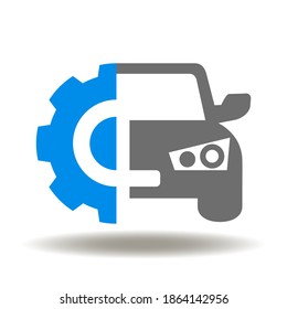 Cog wheel car icon vector. Auto repair tuning service symbol. Fix vehicle company logo. Automobile production symbol.