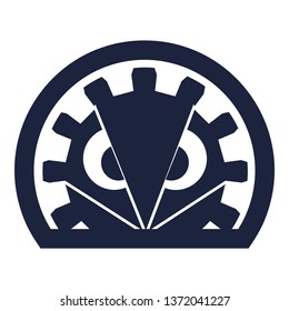 Cog wheel with eyes in circle. Repair company emblem