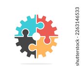 Cog wheel of four different multicolor puzzle pieces. Diversity, teamwork, partnership, business cooperation and industry concept. Flat design. EPS 8 vector illustration, no transparency, no gradients