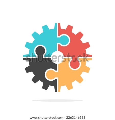 Cog wheel of four different multicolor puzzle pieces. Diversity, teamwork, partnership, business cooperation and industry concept. Flat design. EPS 8 vector illustration, no transparency, no gradients