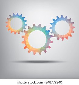 Cog wheel gear background for infographics template in modern low polygonal shapes with colorful palette and space for text. Eps10 vector illustration.