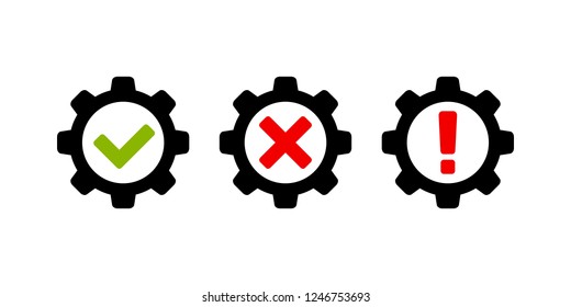 Cog Wheel or Gear with Correct Wrong and Exclamation Mark Icons Vector