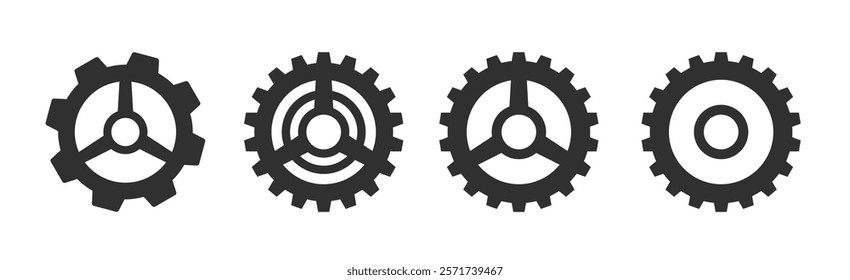 Cog wheel gear icon as settings ui ux interface element simple black white graphic set, clock cogwheel illustration silhouette shape logo pictogram, pinion sprocket system preferences modern symbol