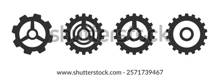 Cog wheel gear icon as settings ui ux interface element simple black white graphic set, clock cogwheel illustration silhouette shape logo pictogram, pinion sprocket system preferences modern symbol