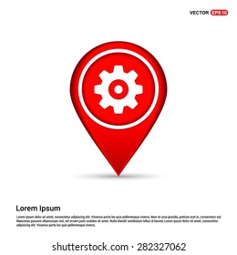 cog wheel gear setting icon - abstract logo type icon - white icon in map pin point red background. Vector illustration