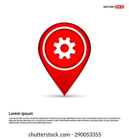 cog wheel gear setting icon - abstract logo type icon - white icon in map pin point red background. Vector illustration
