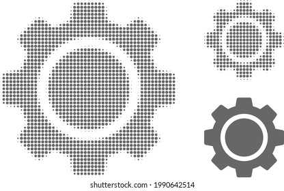 Halbtonrad-Kohlrad-Symbol gestrichen. Halftone Muster enthält runde Punkte. Vektorgrafik von Zahnradsymbol auf weißem Hintergrund.