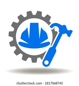 Cog-Rad Hammer Hammer Symbol Vektorgrafik. Arbeitslogo der Bauindustrie. Bau, Reparatur, Werkzeug, Gerätegrafik.