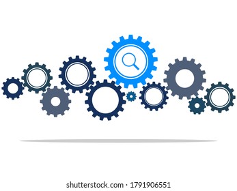 A cog wheel with a magnifying glass symbolizes a search concept or a search process