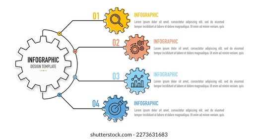 Cog wheel mind map infographic template or element including 4 step or process with colorful engineer symbol on white background for slide or presentation, simple, minimal, modern style, thin line, 3D