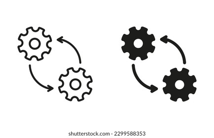 Línea de rueda de cog en proceso y conjunto de iconos de silueta. Flecha circular, CogWheel, Pictograma del engranaje de operación. Colección de símbolos de progreso y flujo de trabajo. Ilustración de vectores aislados.