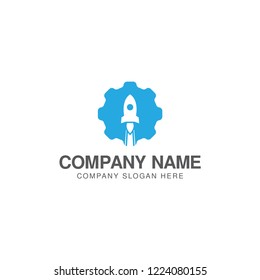 Cog wheel and rocket launch logo design vector template
