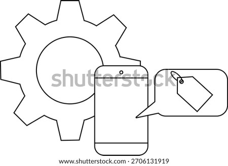 A cog wheel stands behind a smartphone with a price tag in a speech bubble
