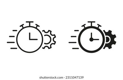 Cog Wheel and Watch Deadline, Settings, Control Time and Efficiency Pictogram. Gear and Clock Line and Silhouette Icon Set. Optimization Process Black Symbol Collection. Isolated Vector Illustration.