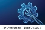 cog wheel and wrench. service tool. abstract low poly wireframe mesh design. from connecting dot and line. vector illustration on blue background