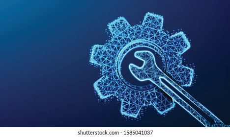 cog wheel and wrench. service tool. abstract low poly wireframe mesh design. from connecting dot and line. vector illustration on blue background