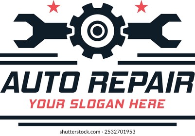 Cog wheel with wrench and star logo, Auto repair shop illustration, Mechanic service logo