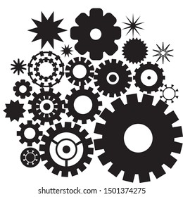 cog wheels, mechanical wheels collection, stars, gears icons, vector graphic, black background