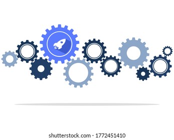 Cog wheels and rockets are symbols of concepts or ways to start up. vector illustration