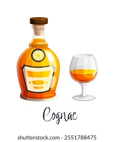 Botella de alcohol de coñac y vidrio. Frasco de vidrio de Vector aislado con tapón de madera y copa de vino. Menú del bar bebida tintura, bálsamo, whisky brandy, ron o vino de Oporto botella de bebidas alcohólicas