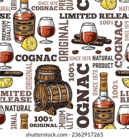 Cognac alcohol colorful seamless pattern with bottles and wooden barrels near glasses filled with premium quality drink vector illustration