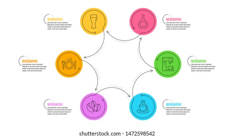 Cognac bottle, Coffee maker and Food signs. Infographic timeline. Coffee-berry beans, Tea cup and Beer glass line icons set. Coffee beans, Brewery beverage, Brandy alcohol. Tea machine. Vector