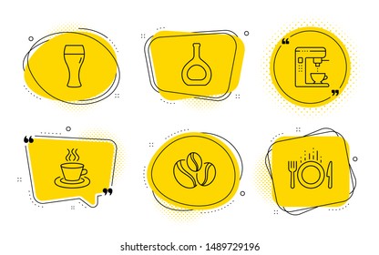 Cognac bottle, Coffee maker and Food signs. Chat bubbles. Coffee-berry beans, Tea cup and Beer glass line icons set. Coffee beans, Brewery beverage, Brandy alcohol. Tea machine. Vector