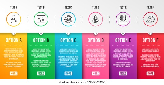 Cognac bottle, Credit card and Fireworks icons simple set. Cashback, Puzzle and Time management signs. Brandy alcohol, Mail. Business set. Infographic template. 6 steps timeline. Business options