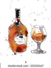cognac bottle and cup, drawing by watercolor and ink, hand drawn vector illustration