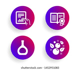 Cognac bottle, Document and Diploma icons simple set. Halftone dots button. Clean bubbles sign. Brandy alcohol, File with diagram, Document with badge. Laundry shampoo. Business set. Vector