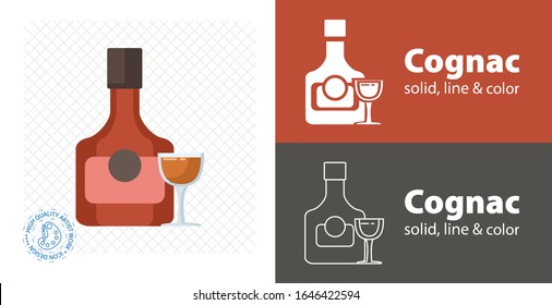 Cognac bottle with glass flat design. vector illustration.