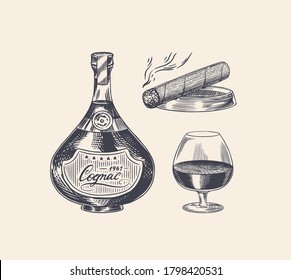 Cognac bottle and glass goblet and cigar. Engraved hand drawn vintage sketch. Woodcut style. Vector illustration.