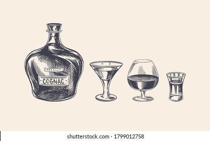 Cognac bottle and glass goblet. Engraved hand drawn vintage sketch. Woodcut style. Vector illustration.
