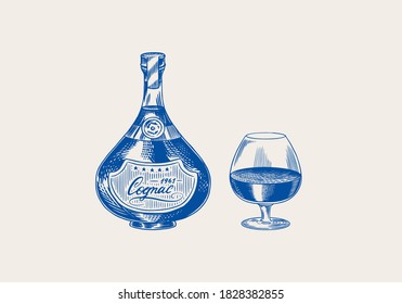 Cognac Bottle And Glass Goblet. Engraved Hand Drawn Vintage Sketch. Woodcut Style. Vector Illustration.