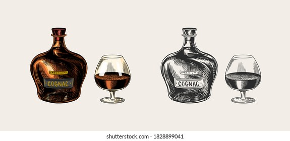 Cognac bottle and glass goblet. Engraved hand drawn vintage sketch. Woodcut style. Vector illustration.