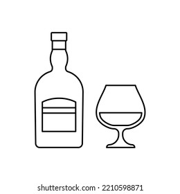 Cognac bottle and glass. Linear icons beverages isolated on white background. Outline black alcoholic drinks with wineglasses in flat design. Thin line objects. Vector illustration.