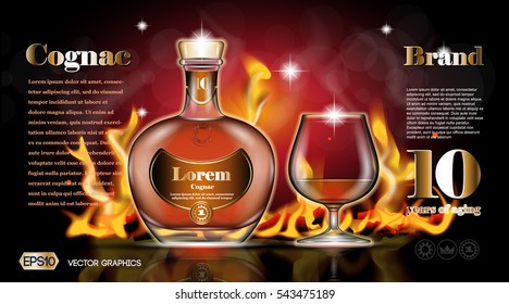 Cognac bottle and glass Mock up layout. Realistic Fire background, 3D Vector illustration