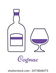 Cognac bottle and glass thin line objects. Linear violet icons beverages isolated on white background. Outline alcoholic drinks with wineglasses in flat design. Vector illustration.