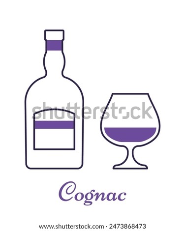 Cognac bottle and glass thin line objects. Linear violet icons beverages isolated on white background. Outline alcoholic drinks with wineglasses in flat design. Vector illustration.