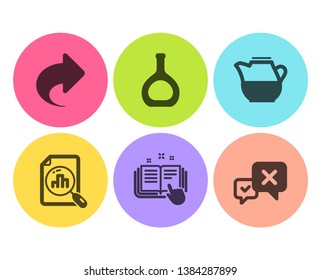Cognac bottle, Share and Technical documentation icons simple set. Analytics graph, Milk jug and Reject signs. Brandy alcohol, Link. Flat cognac bottle icon. Circle button. Vector