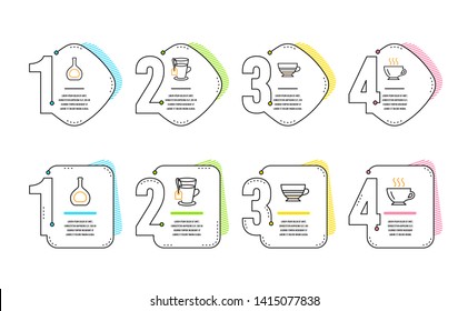 Cognac bottle, Tea and Mocha icons simple set. Coffee sign. Brandy alcohol, Glass mug, Coffee cup. Cappuccino. Food and drink set. Infographic timeline. Line cognac bottle icon. 4 options or steps