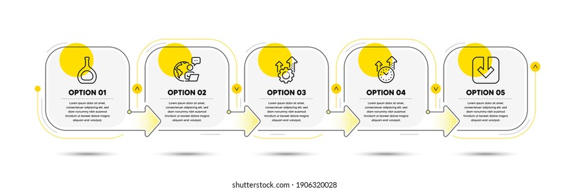 Cognac bottle, Time management and Load document line icons set. Timeline process flowchart. Seo gear sign. Brandy alcohol, Office clock, Download arrowhead. Cogwheel. Business set. Vector